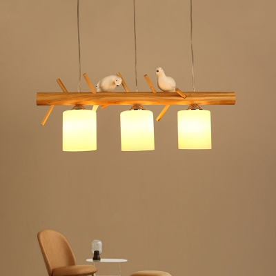 Barrel Dining Room Island Light White Glass Nordic Hanging Pendant with Decorative Bird and Tree Branch in Wood