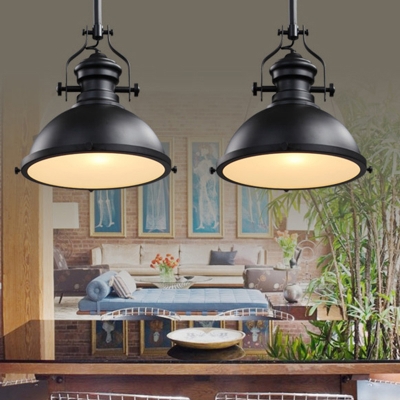 Black Bowl Shaped Pendulum Light Industrial Metal Single Dining Room Hanging Lamp with Frosted Glass Diffuser