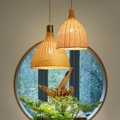 Bottle Shaped Bamboo Pendant Light Modern 1-Light Beige Suspension Light Fixture for Dining Room