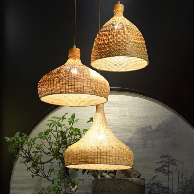 Bottle Shaped Suspension Pendant Light Asian Bamboo Single Restaurant Ceiling Lamp in Wood