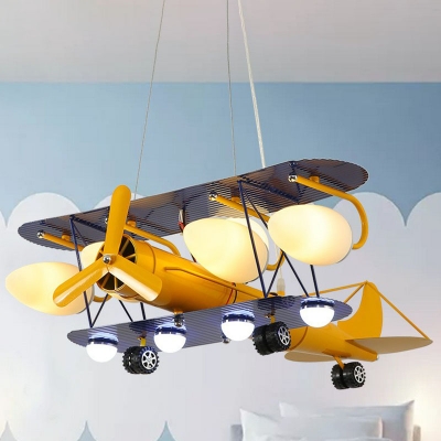 Childrens 4 Bulbs Chandelier Yellow Biplane Hanging Light Kit with Opal Glass Shade