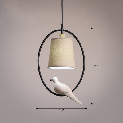 Conical Dining Room Suspension Light Farm Style Fabric White Hanging Lamp with Oval Ring and Bird Decor