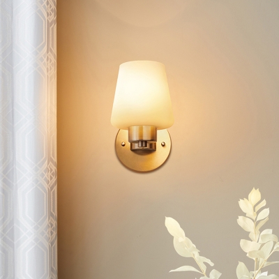 Conical Opal Frosted Glass Wall Light Simplicity 1-Light Dining Room Wall Sconce Lamp in Brass