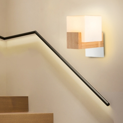 Cubic Stairs Wall Lighting Ideas White Glass 1-Light Simple Style Wall Sconce in Wood