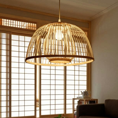 Dual Cage Shade Pendant Lighting Chinese Bamboo 1-Light Restaurant Hanging Light in Wood