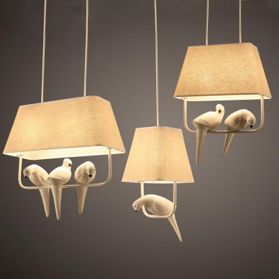 Fabric Trapezoid Hanging Light Kit Country Style Dining Room Pendant Lamp with Bird Decoration in Beige