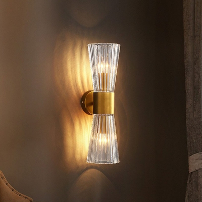 Hourglass Shaped Wall Lamp Postmodern Ribbed Crystal 2 Heads Bedside Sconce Light in Gold