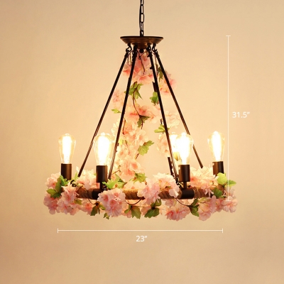 Industrial Wheel Chandelier Hemp Rope Hanging Lamp with Decorative Plant for Dining Room
