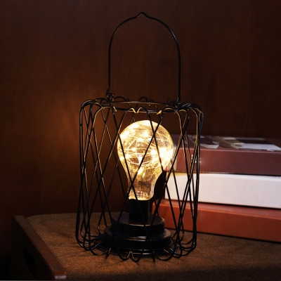 Iron Wire Cage LED Table Lamp Decorative 1-Bulb Black Battery Nightstand Light for Bedroom