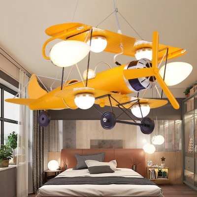 Jet Plane Child Room Chandelier Lamp Metallic Modern LED Hanging Lighting in Yellow
