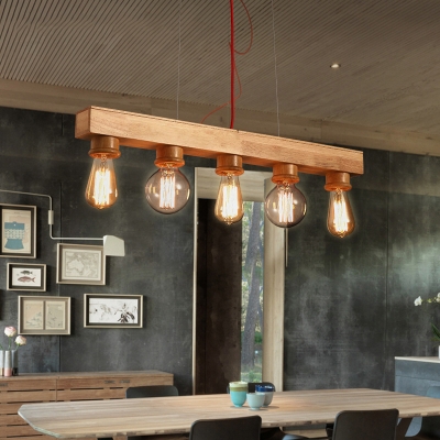Linear Dining Room Island Lighting Wooden 5 Bulbs Minimalist Pendant Light with Exposed Bulb Design