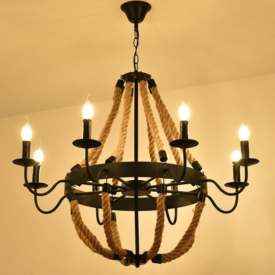 Manila Rope Circle Hanging Light Fixture Farmhouse Dining Room Chandelier in Black