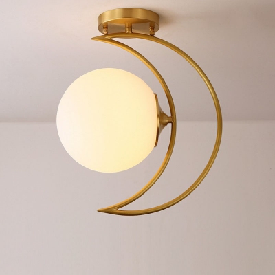 Metal Crescent Flush Mount Light Nordic Single Semi Flush Ceiling Light with Sphere Opal Glass Shade in Gold