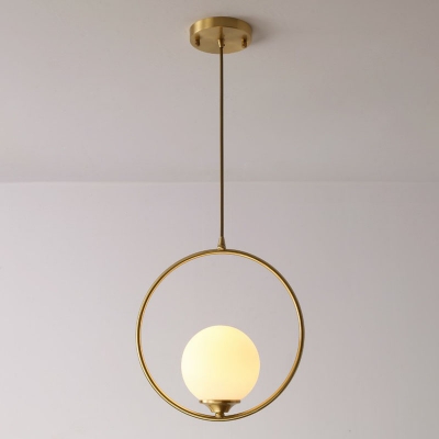 Metal Loop Shaped Pendant Lighting Postmodern Single Gold Finish Ceiling Light with Ball White Glass Shade