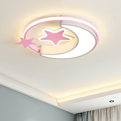 Moon and Star LED Ceiling Flush Light Cartoon Metal Childrens Bedroom Flush Mount Light Fixture