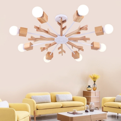 Nordic Snowflake Shaped Chandelier Wooden Dining Room Ceiling Hang Light with Bare Bulb Design