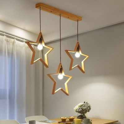 Nordic Star Frame Multi-Pendant Wooden 3 Heads Dining Room Hanging Light Fixture
