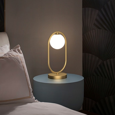 Oblong LED Table Lamp Minimalist Metal Bedroom Nightstand Light with Sphere Opal Glass Shade in Gold