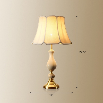 Paneled Bell Fabric Night Light Traditional 1-Light Living Room Table Lamp with Scalloped Trim in White