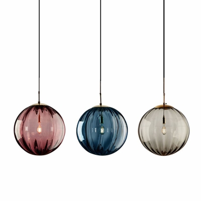 Postmodern 1-Bulb Drop Pendant Pumpkin Ball Hanging Light Kit with Ribbed Glass Shade