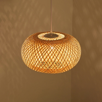 Pumpkin Suspension Lighting Minimalist Bamboo 1 Head Tea Room Pendant Ceiling Light in Wood