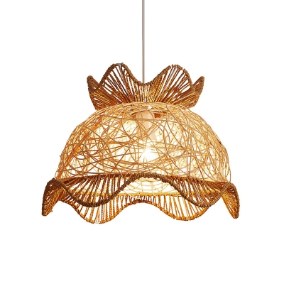 Rattan Scalloped Pendant Light Contemporary Single-Bulb Restaurant Suspension Light Fixture in Wood