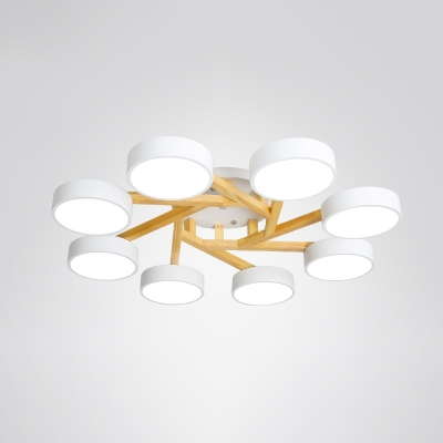 Round LED Semi Flush Mount Lighting Nordic Metal Living Room Ceiling Lamp with Wooden Arm