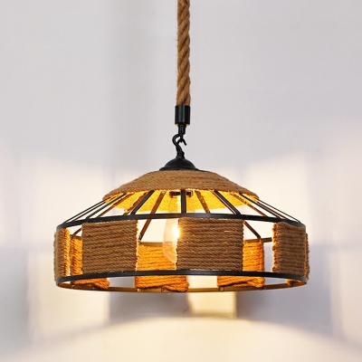 Rustic Geometric Pendant Light Kit 1 Bulb Hand-Wrapped Rope Suspension Lamp in Brown