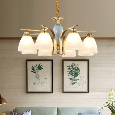 Satin Opal Glass Bell Pendant Light Fixture Vintage Living Room Ceiling Chandelier in Brass
