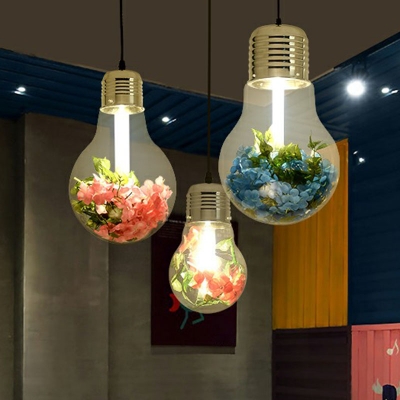 Single Bulb-Shaped Hanging Lamp Rustic Clear Glass Pendulum Light with Scattered Flower Deco