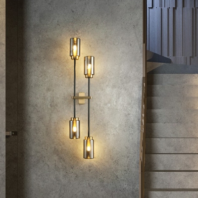 Smoke Grey Glass Tube Wall Lighting Postmodern Gold-Black Sconce Lamp for Stairway