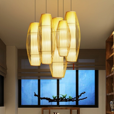 Tall Scale Ceiling Hanging Lantern Asian Bamboo Single Wood Pendant Lighting for Stairway