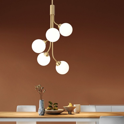 White Glass Balls Pendant Chandelier Minimalistic Brass Hanging Light for Dining Room