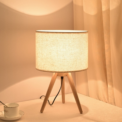 White Lampshade Table Light Modern 1 Bulb Fabric Nightstand Light with Wooden Base