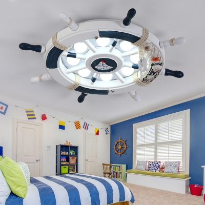 Wooden Rudder LED Flush Ceiling Light Kids 8-Bulb Flushmount Lighting for Bedroom