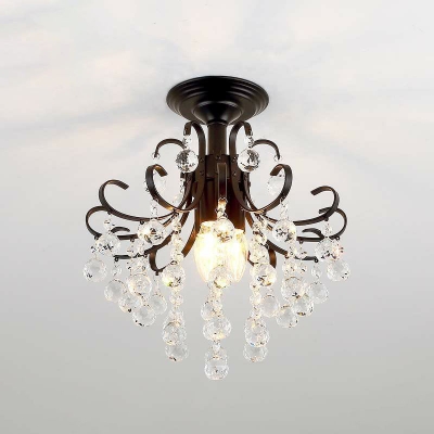 1-Bulb Scrolling Semi Flush Mount Retro Faceted Crystal Orbs Close to Ceiling Light for Aisle