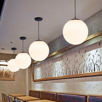 1-Light Restaurant Drop Pendant Minimalism Black Pendulum Light with Globe White Glass Shade