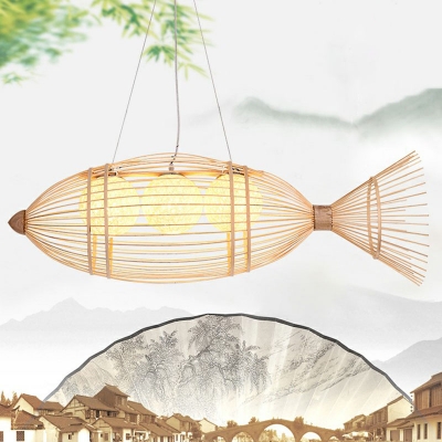 Bamboo Fish Hanging Chandelier Asian Wood Pendant Light with Ball Rattan Shade for Restaurant