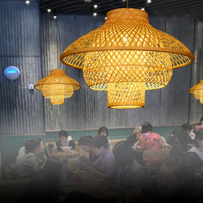 Bamboo Tiered Ceiling Lighting Nordic Style 1 Bulb Wood Hanging Lamp for Restaurant