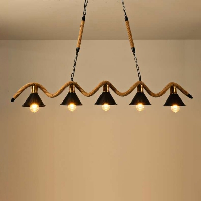 Black Conical Island Lighting Retro Metal Bistro Ceiling Pendant Light with Twisted Rope Arm