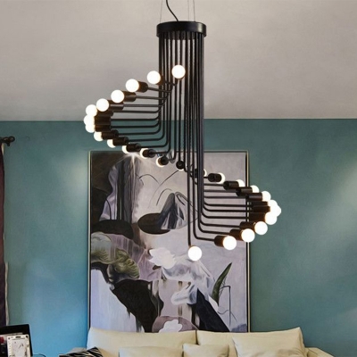 Black Spiral Chandelier Pendant Light Vintage Style Iron 20-Bulb Stair Hanging Lighting