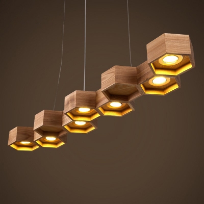 Brown Honeycomb Island Ceiling Light Contemporary 7-Bulb Wooden Pendant for Living Room