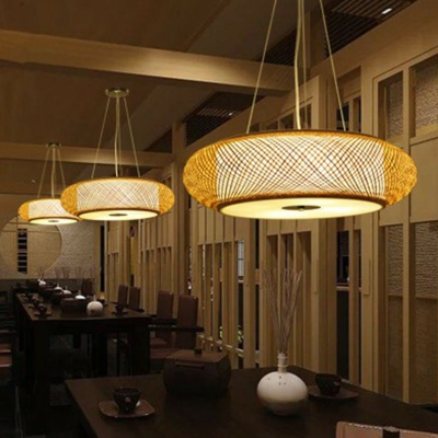 Criss-Cross Woven Bamboo Pendant Lamp Asia 1 Head Wood Round Chandelier for Bedroom