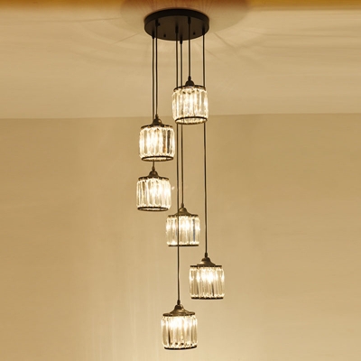 Cylindrical Multi-Light Pendant Modern Prismatic Crystal Black Hanging Lamp for Stairs