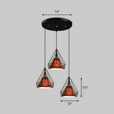 Diamond Dining Room Multi Ceiling Light Loft Iron 3 Bulbs Pendant with Conical Fabric Shade