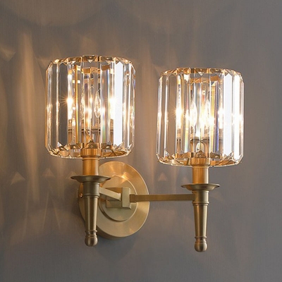 Dining Room Sconce Lighting Postmodern Gold Finish Wall Lamp with Cylinder Crystal Shade