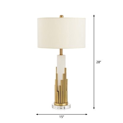 Drum Bedside Night Lamp Fabric 1-Light Postmodern Table Light in Brass and White