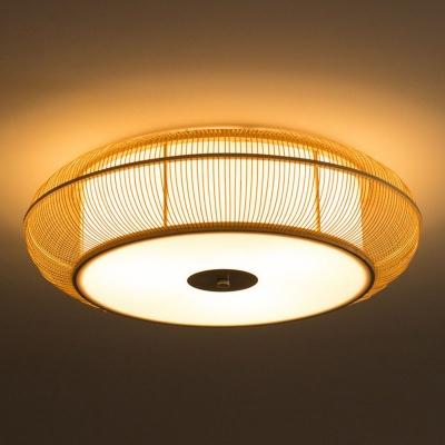 Drum Shaped Dining Room Ceiling Lamp Bamboo 1-Light Minimalist Flush Mount Light Fixture