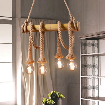 Flaxen Exposed Bulb Design Hanging Lamp Lodge Hemp Rope Dinette Island Light with Bamboo Pole