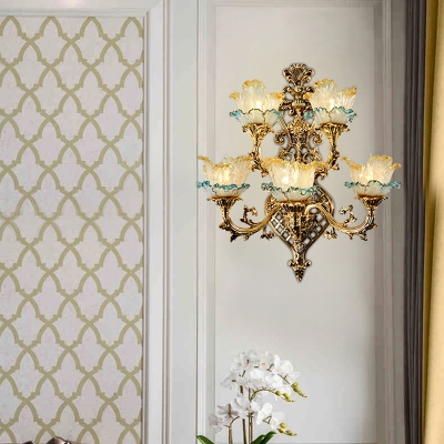 Floral Sconce Light Fixture Luxe European Style Gold Frost Glass Wall Mounted Light